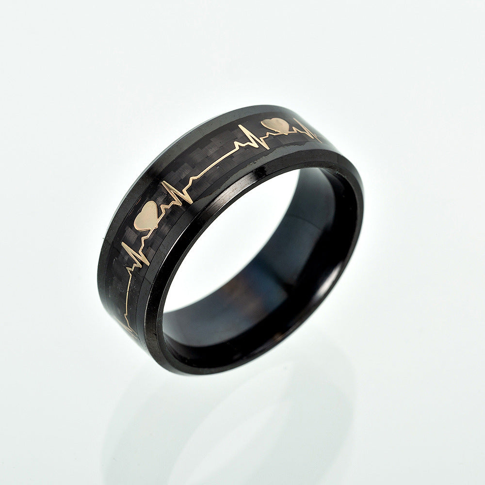 Black and Gold Heartbeat Carbon Fiber Inlay Tungsten Ring