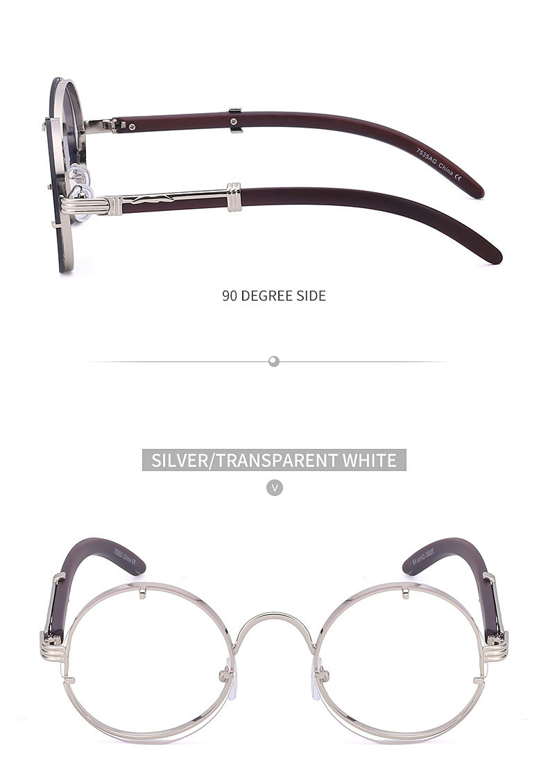 Round lenses, Metal frames, Wooden temple pieces