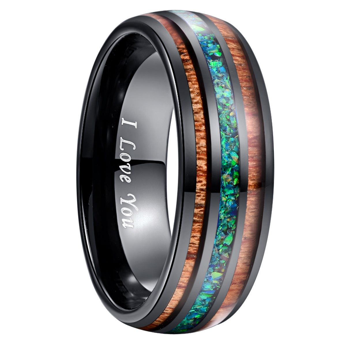 3 Tone tungsten ring with Opal center and wood inlay accents