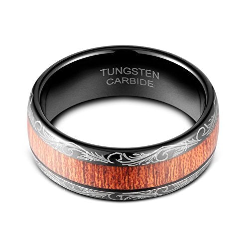 Two tone tungsten ring with polished wood inlay
