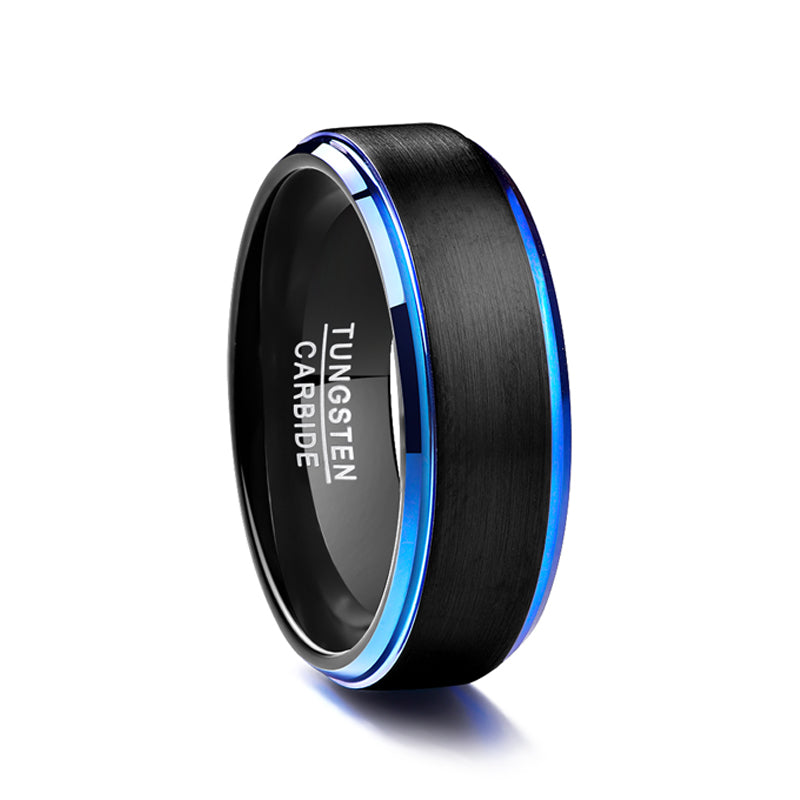 Frosted Blue Step Edge Plated Black Men's Tungsten Steel Ring