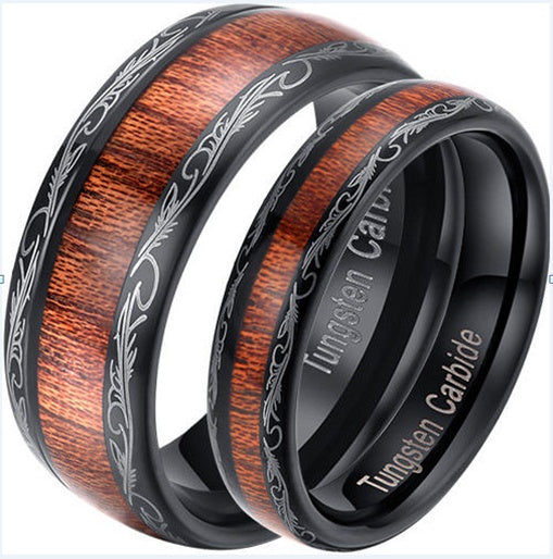 Two tone tungsten ring with polished wood inlay