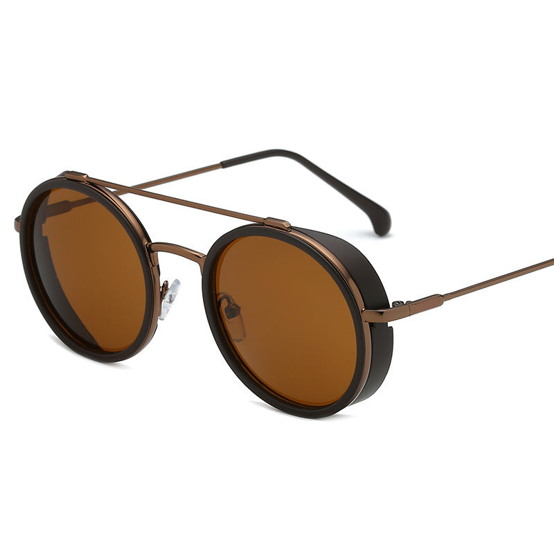 Double bridge, round lenses, slight side shields built in Men's sunglasses