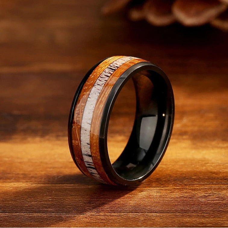Stainless Steel Ring Wood Fossil European And American