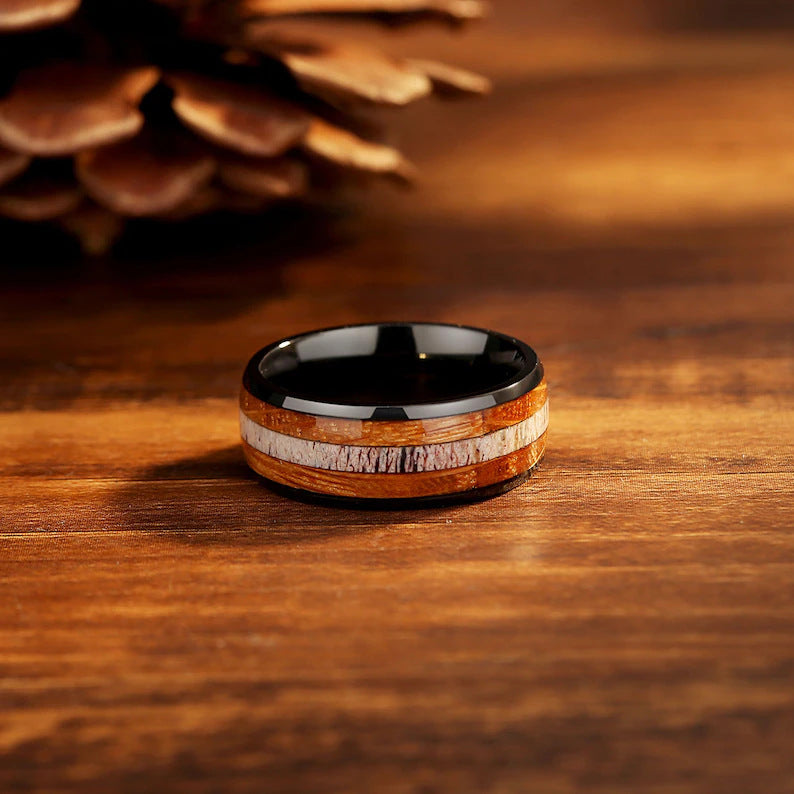 Stainless Steel Ring Wood Fossil European And American