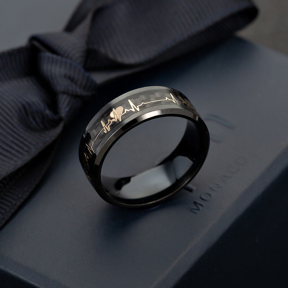Black and Gold Heartbeat Carbon Fiber Inlay Tungsten Ring