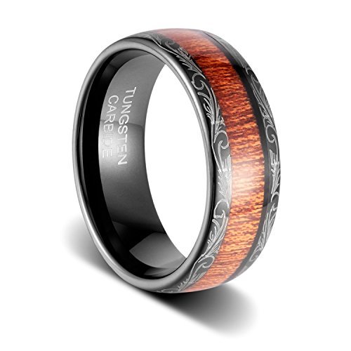 Two tone tungsten ring with polished wood inlay