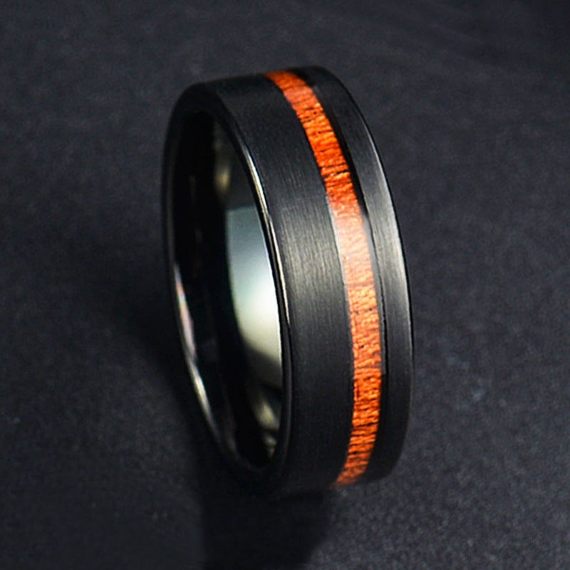 Stainless steel vintage rosewood acacia wood ring