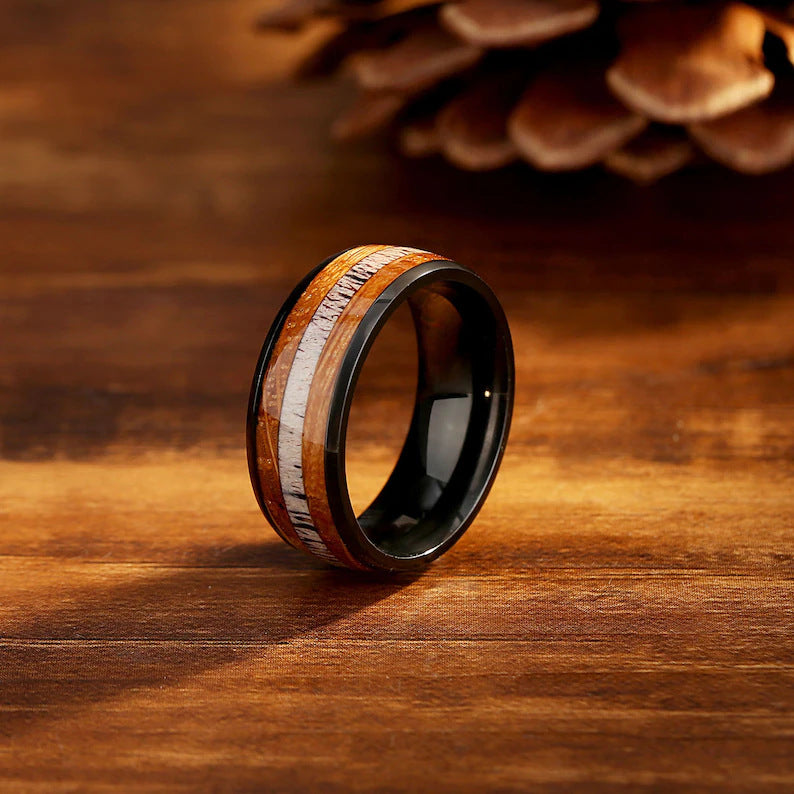 Stainless Steel Ring Wood Fossil European And American