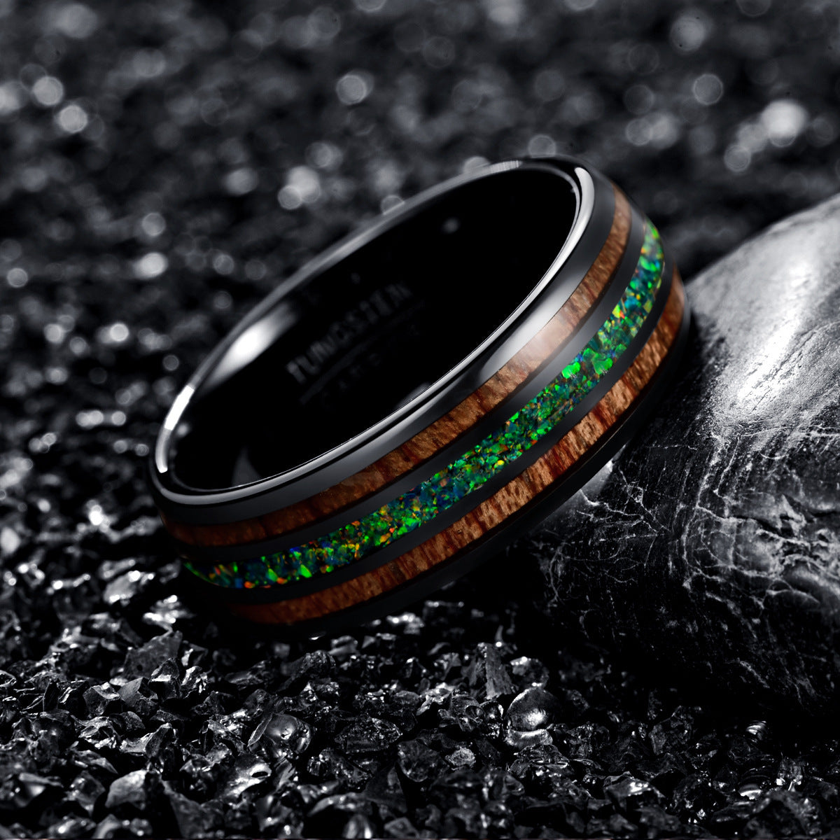 3 Tone tungsten ring with Opal center and wood inlay accents