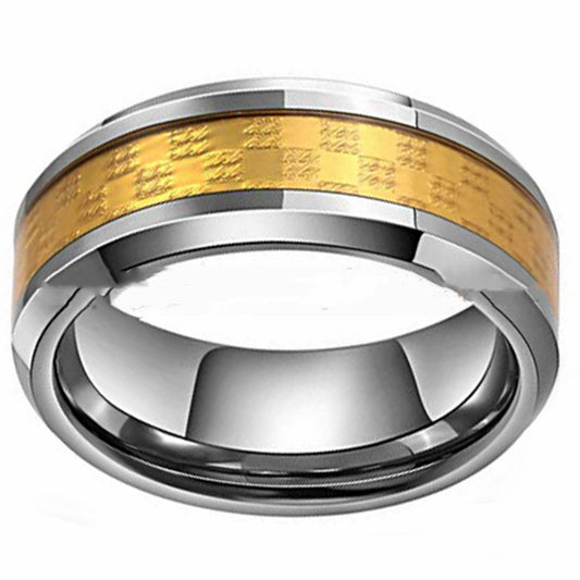 Polished Tungsten ring with Checkered Gold pattern Inlay