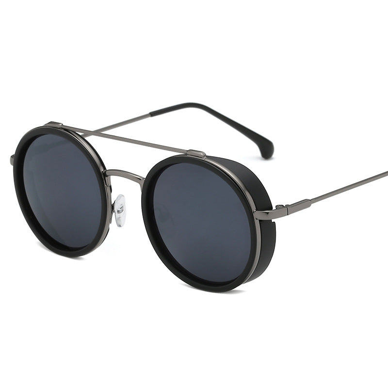 Double bridge, round lenses, slight side shields built in Men's sunglasses
