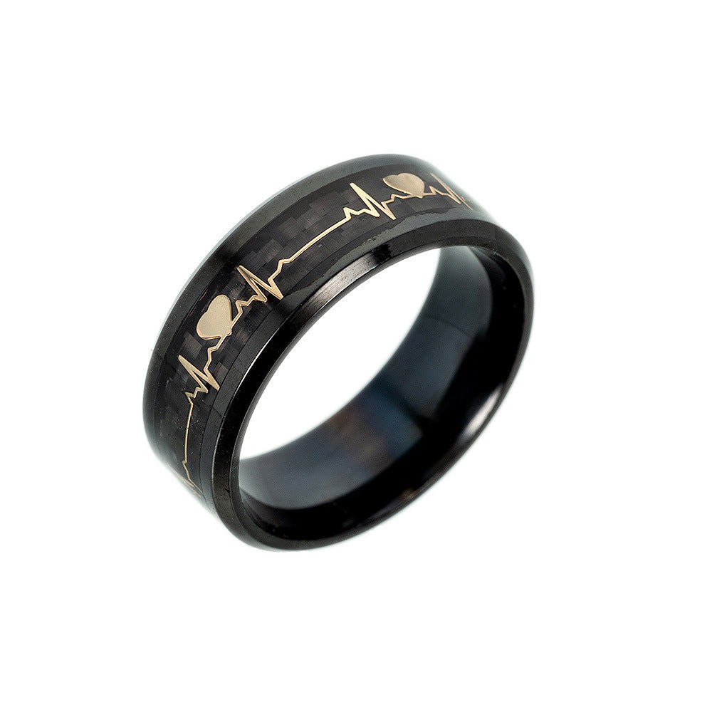 Black and Gold Heartbeat Carbon Fiber Inlay Tungsten Ring
