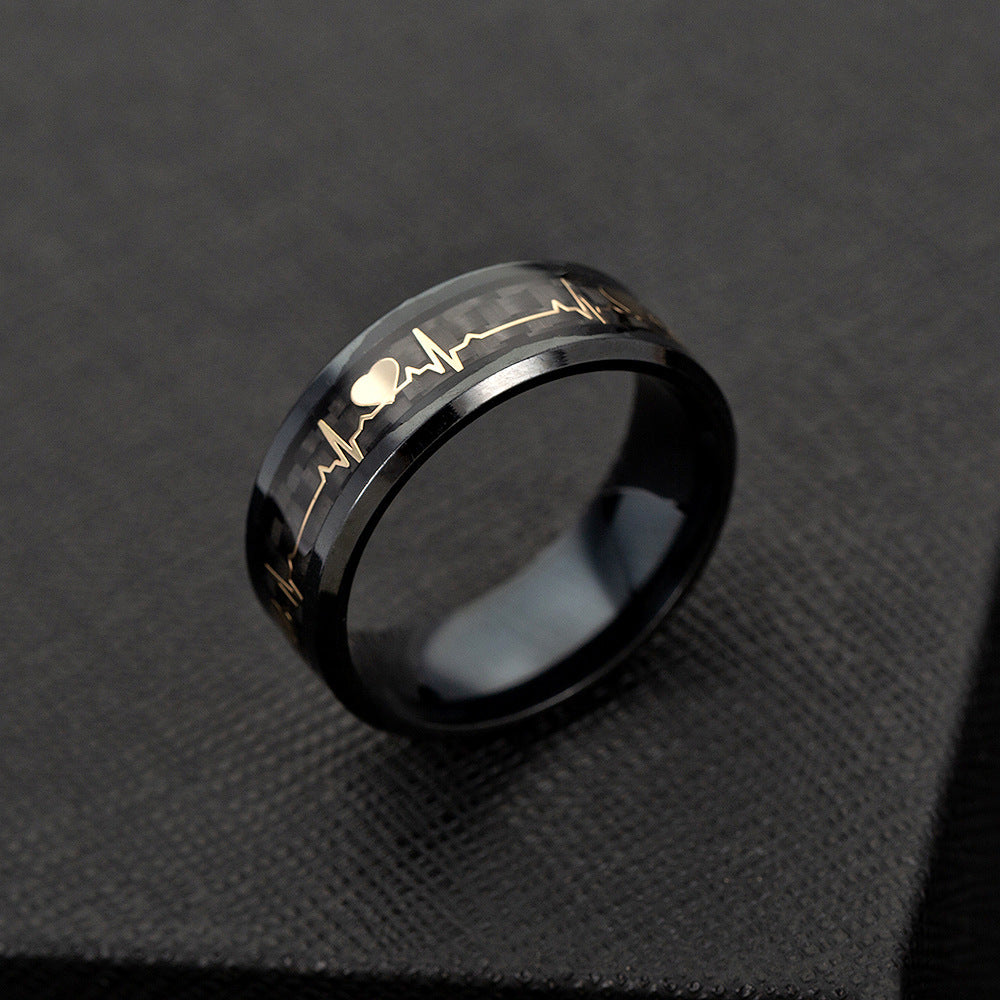 Black and Gold Heartbeat Carbon Fiber Inlay Tungsten Ring