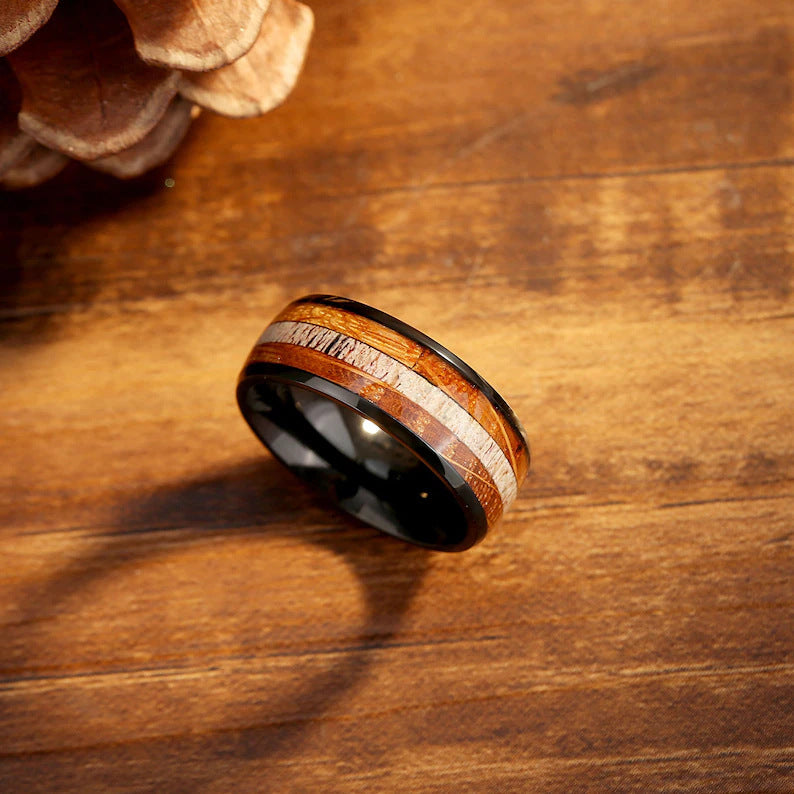 Stainless Steel Ring Wood Fossil European And American