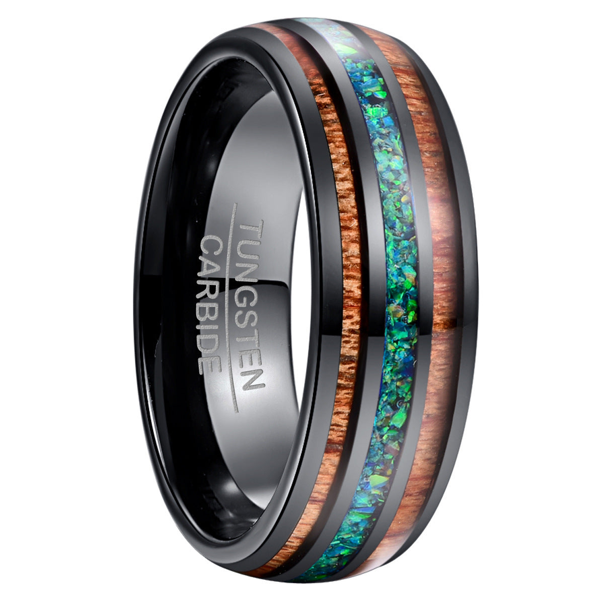 3 Tone tungsten ring with Opal center and wood inlay accents