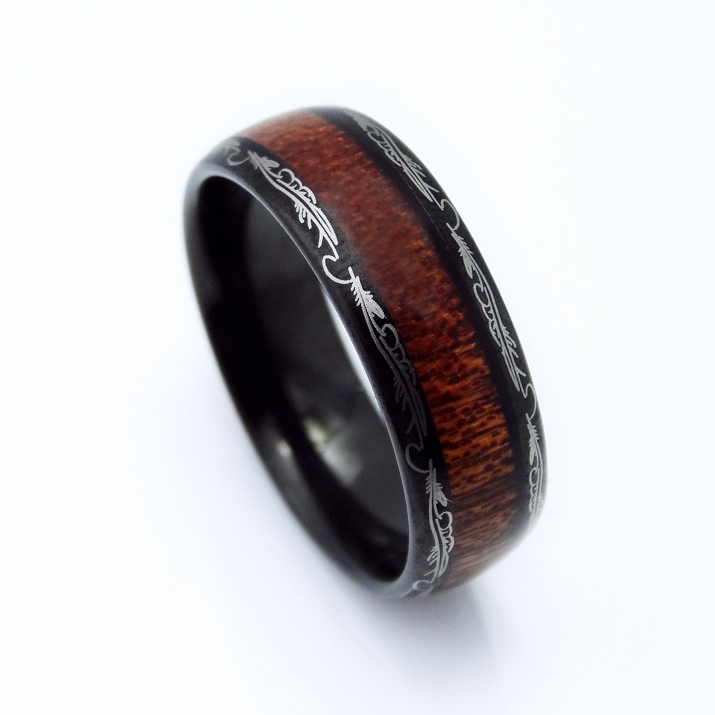 Two tone tungsten ring with polished wood inlay