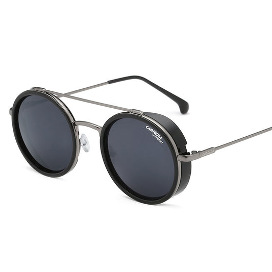 Double bridge, round lenses, slight side shields built in Men's sunglasses