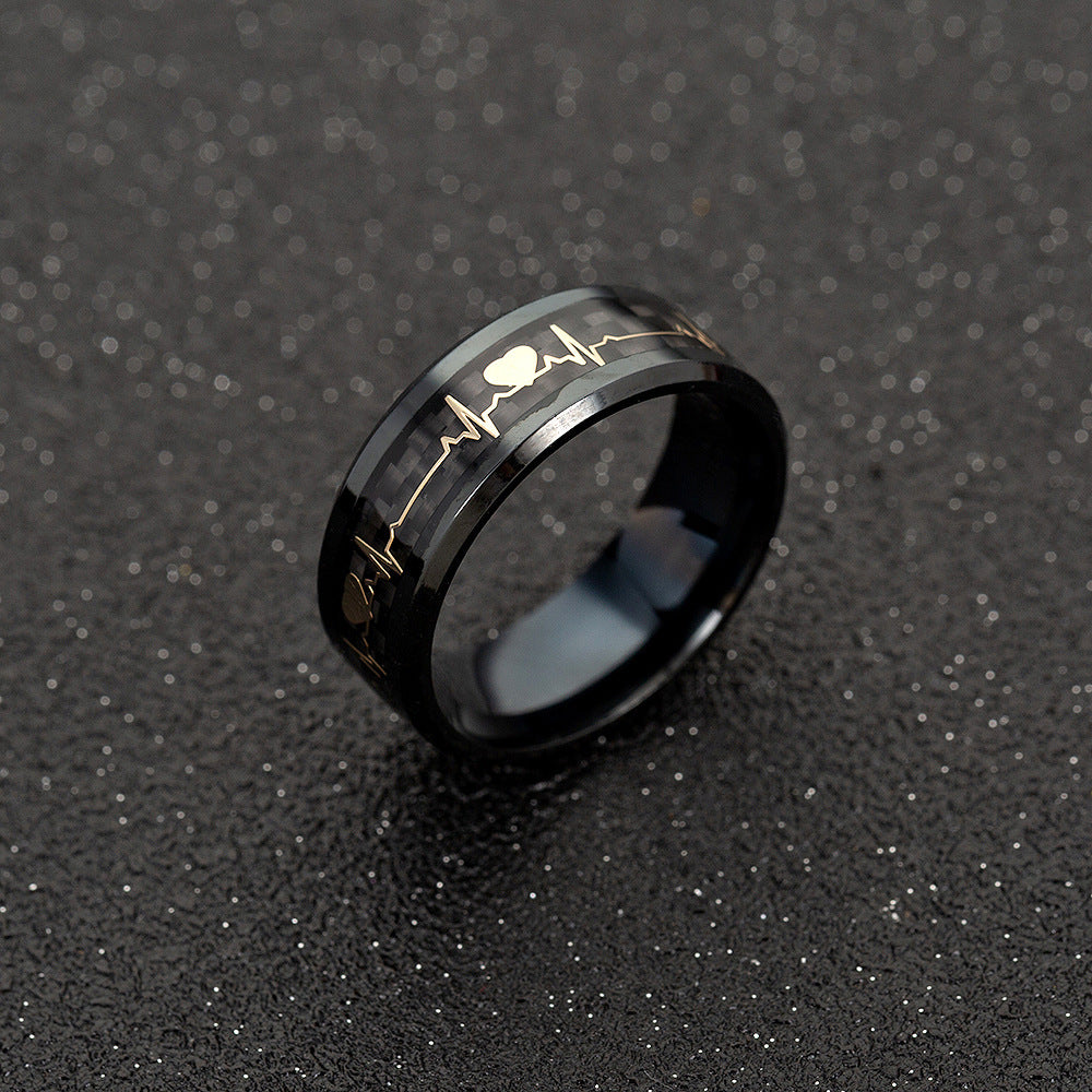 Black and Gold Heartbeat Carbon Fiber Inlay Tungsten Ring