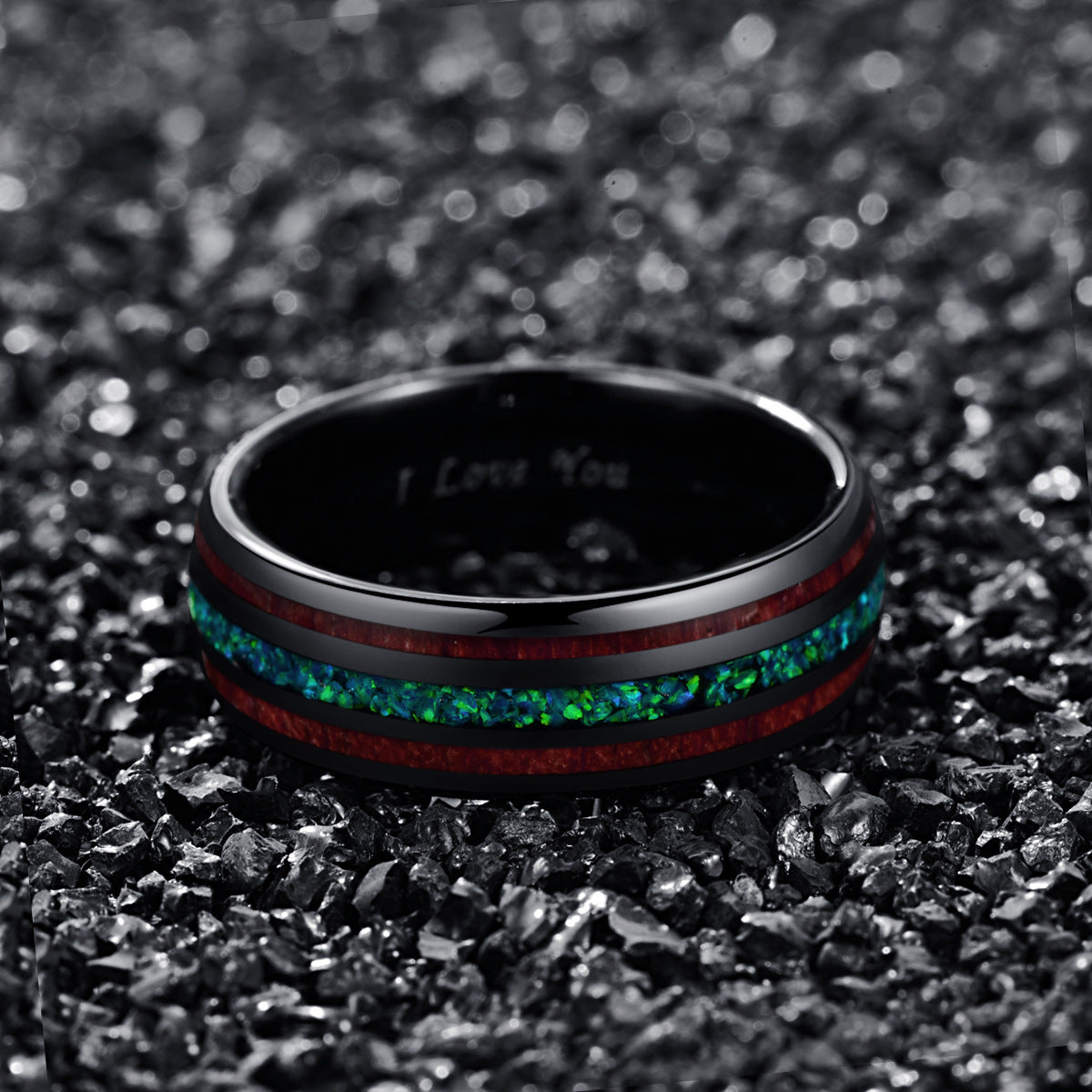 3 Tone tungsten ring with Opal center and wood inlay accents